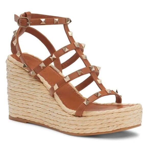 Valentino Garavani Rockstud Strappy Wedge Espadrille Sandals Brown 41 - Picture 1 of 7